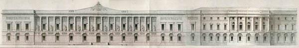 Главный фасад (1827 г.) и реконструкция фасада углового здания (1829 г.). Утвержденные проекты К. И. Росси