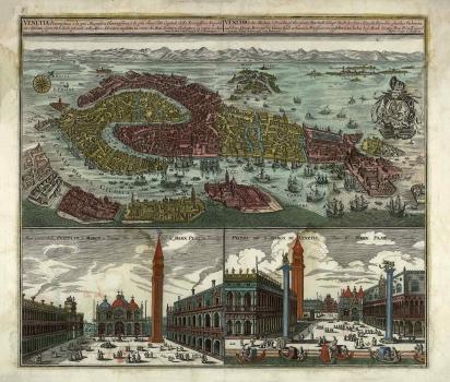 Перспективный план Венеции, изданный М. Зойтером. Внизу два вида на Собор Св. Марка и Дворец Дожей. 1730?