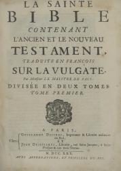 La Sainte Bible contenant l’Ancien et le Nouveau Testament. Paris, 1730. Page de titre. 