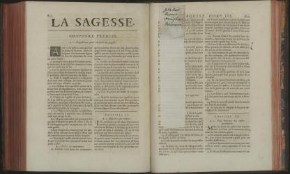 La Sainte Bible contenant l’Ancien et le Nouveau Testament. Paris, 1730. En haut du signet : «fils / de dieu / vray sens / de ce mot». 