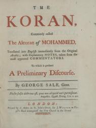 Koran. The Koran, commonly called the Alcoran of Mohammed. London, 1734. Page de titre. 