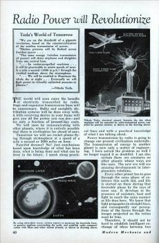 Статья из журнала Modern Mechanix (июль 1934): Никола Тесла предсказывает наступление эпохи беспроводной передачи электричества.