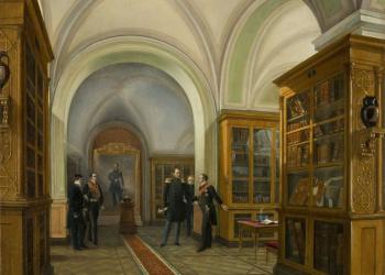 Emperor Nicholas I's Visit to the Public Library Oil painting by Stefan De Ladveze.  1853