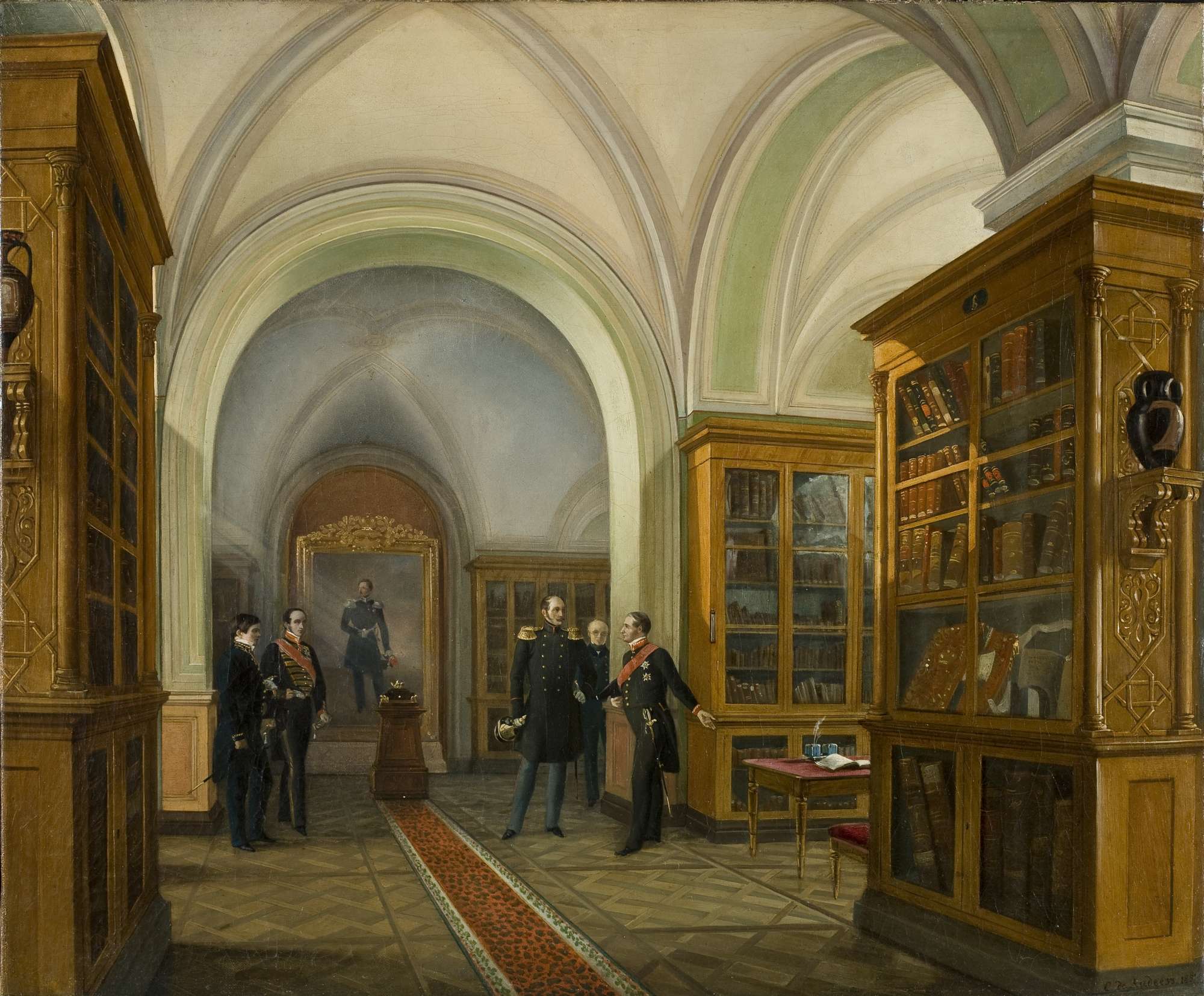 Nicholas I's Visit to the Manuscript Repository of the Imperial Public Library on 13 December  1852. Oil painting by Stefan De Ladveze. 1853