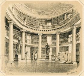 Овальный зал бельэтажа в Императорской Публичной библиотеке. Рисунок П. Ф. Бореля. 1852 г.