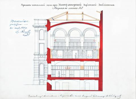 Проект Нового читального зала, утвержденный 20 ноября 1859 г. Продольный разрез.