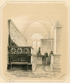 Эстрада дежурного в читальном зале Императорской Публичной библиотеки. <br>Рисунок П. Ф. Бореля. 1852 г.