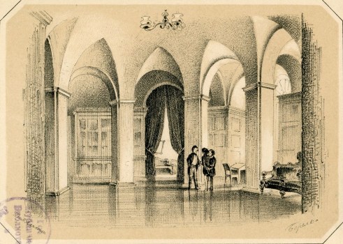 Приемный зал в Императорской Публичной библиотеке. Рисунок П. Ф. Бореля. 1852 г.