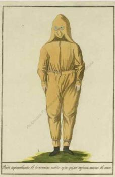«Вид пороховщика в коженном платье». Изображение защитного костюма для проведения испытаний пороховых зарядов. 1807 г.