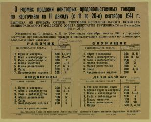 О нормах продажи некоторых продовольственных товаров по карточкам на вторую декаду (с 11 по 20-е) сентября 1941 г