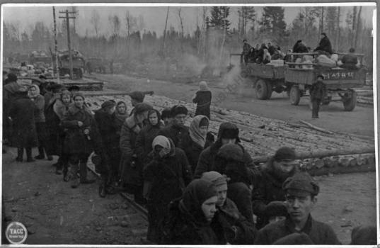 Эвакуация населения из Ленинграда : очередь за получением пищи на станции Борисова Грива