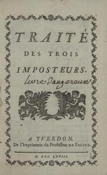 Traité des trois imposteurs. Yverdon, 1768. Page de titre. 