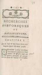 Voltaire. Recherches historiques et religieuses. La première page du texte imprimé. 