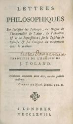 Toland J. Lettres philosophiques. Londres, 1768. Page de titre.