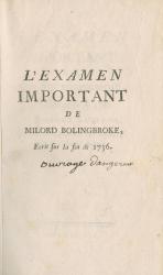 Voltaire. L’Examen important de milord Bolingbroke.[Genève], 1767. Page de titre. 