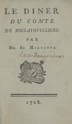 Voltaire. Le Diner du comte de Boulainvilliers. [Genève], 1728. Page de titre. 